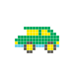 A flat pixel design made of geometric square color blocks on a clean icon layout. Pixel art car