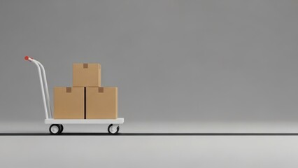 Cart of Deliveries Stacked Boxes on a White Trolley Against Grey Backdrop.