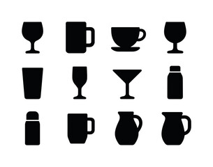 Black Drinkware Icons. Drinkware. Solid icon set of drinkware: wine glass, beer mug, teacup, goblet, tumbler, champagne flute, cocktail glass, water bottle,