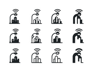 Smart City Logos. smart city developments. Icon set. Set Logo of smart city developments: sensor-enabled streetlight. harmonious logo variations of the same