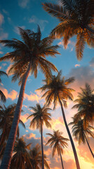 Coconut palm trees, Palm trees against the sky during a tropical sunset. Summer vacation