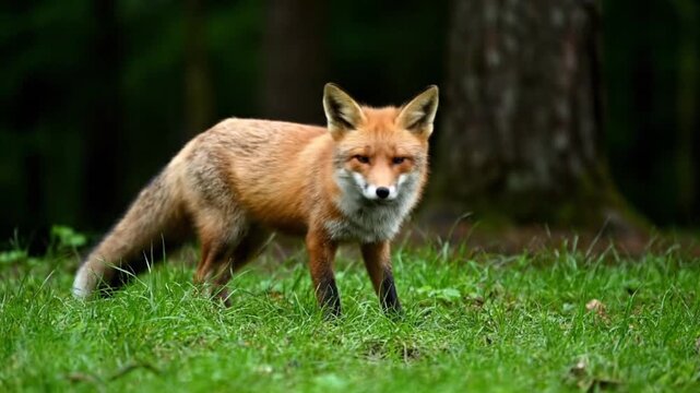 A red fox standing in a grassy forest clearing, looking directly at the camera, in a natural daytime environment