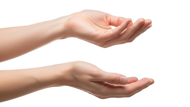 Two human hands with palms facing upwards isolated on white background
