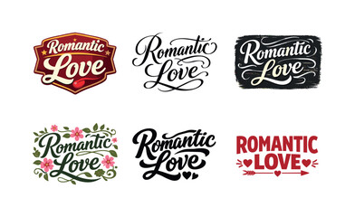 Obraz premium Romantic Typography Grid. Romantic Love Headlines. Set lettering. harmonious lettering variations of the same emblematic concept, each with different artistic