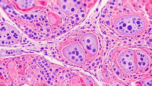Basal Cell Carcinoma under Microscope Pink  Purple Cellular Structures.
