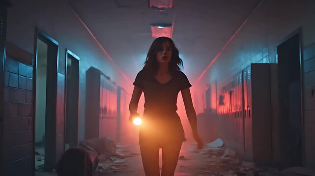 Young lady walking through a dark empty school corridor, stranger things vibe