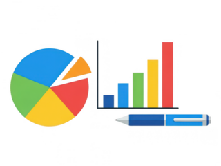 Colorful pie chart and bar graph with data analysis pen isolated on transparent background