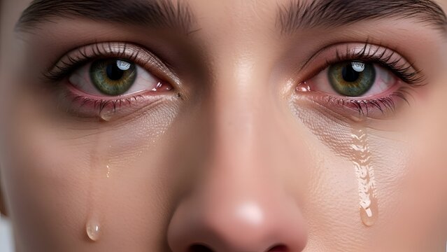 Close Up of a Woman's Face with Green Eyes Crying Sincere Tears with Visible Water Droplets and Reflected Light on Skin in a Studio Setting