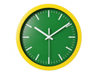 Vibrant green clock with yellow border isolated on transparent background
