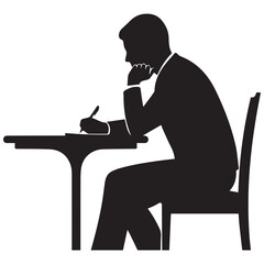 Man sitting at desk writing with thoughtful expression