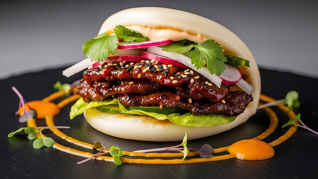 Steamed Gua Bao Bun with Braised Pork Belly, Pickled Radish, and Cilantro on a Black Slate Plate. Traditional Asian Street Food with Sesame Seeds and Spicy Sauce for an Authentic Culinary Experience