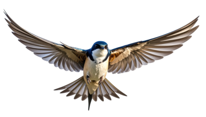 A swallow in full flight, wings spread wide, with a black background
