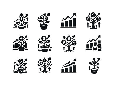 Business Growth Icons. Business growth. Solid icon set of Business growth: startup growth tree, revenue increase plant, scaling business icon, profit growth