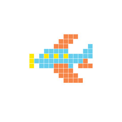 A flat pixel design made of geometric square color blocks on a clean icon layout. Pixel art aircraft