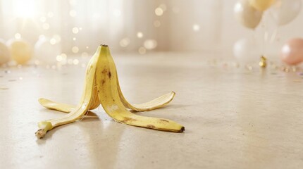 Fresh banana peel laying open on a clean floor as part of a playful scene for April Fools Day celebration