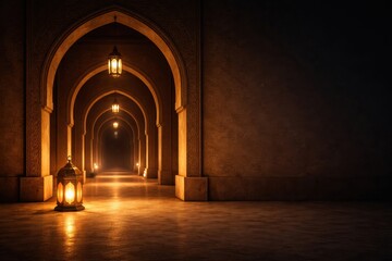 Fototapeta premium Long corridor of stone arches with glowing lanterns at night in an islamic building
