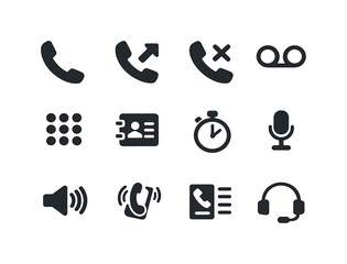 Fototapeta premium Black Phone Icon Set. Phone calls. Solid icon set of Phone calls: handset, call arrow, missed call X, voicemail icon, keypad, contact list, call timer,
