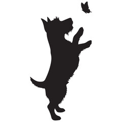 Playful dog jumping to catch a butterfly in mid-air