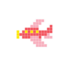 A flat pixel design made of geometric square color blocks on a clean icon layout. Pixel art aircraft