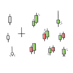 Stock Candlestick Doodle Icon Set &mdash; hand drawn trading and market candle charts in sketch style, transparent background
