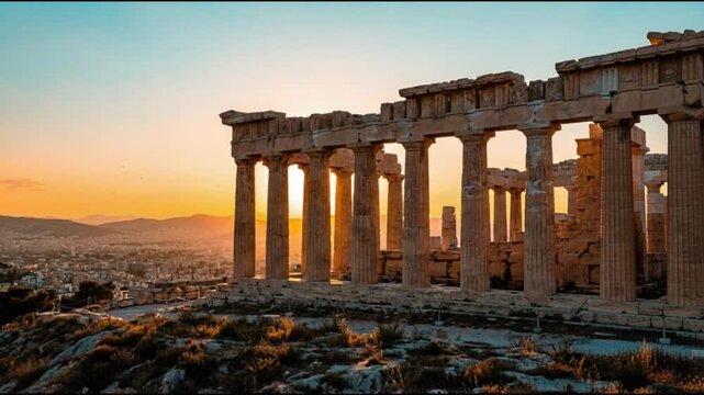 Dramatic sunset over the majestic ancient Greek Temple ruins, featuring weathered Doric columns overlooking the sprawling Sicilian landscape.