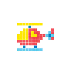 A flat pixel design made of geometric square color blocks on a clean icon layout. Pixel art helicopter