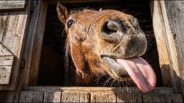 Humorous close-up portrait of a mischievous horse sticking its long tongue out towards the camera from a rustic wooden barn window.