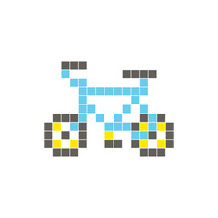 A flat pixel design made of geometric square color blocks on a clean icon layout. Pixel art bicycle