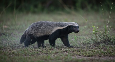 A badger walks through a grassy field