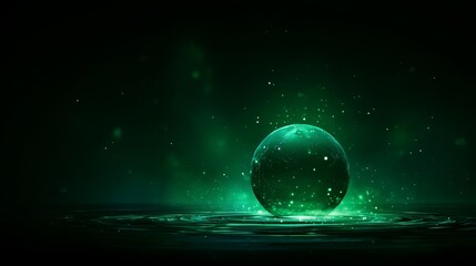 Abstract futuristic background with a glowing green energy sphere and swirling light particles, ideal for technology, science, AI, digital energy, and innovation concepts