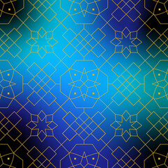 アラベスク風のラインアート背景（ネイビー）ー ネイビーグラデーションの背景に、金のアラベスク風の上品なラインアートで描かれた幾何学模様。デザインペーパー、マスキングテープ、マスキングシールブック、フレークシール、ノート表紙、手帳デコ素材、ハンカチ、ミニタオル、ジュエリーボックス、アクセサリーケース、インテリア雑貨に最適。