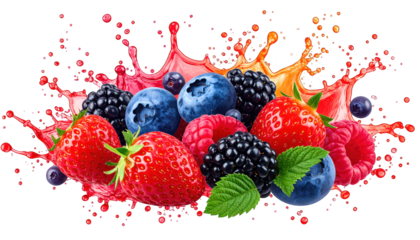 Assorted fresh berries with a vibrant splash of juice against a black backdrop
