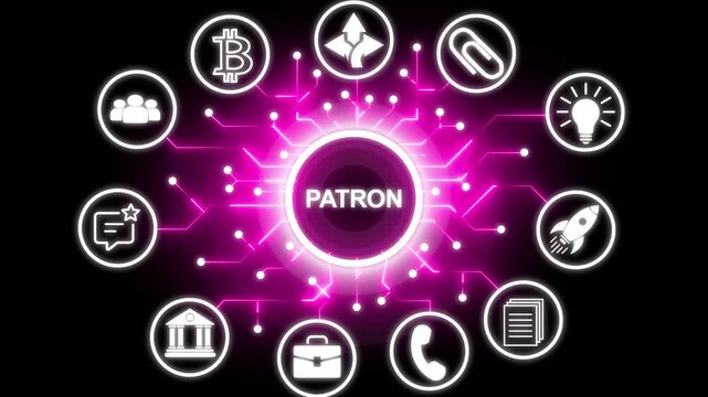 PATRON concept with interconnected icons background. Successful business strategy idea concept with circuit icon. Business, modern technology, internet and networking concept.