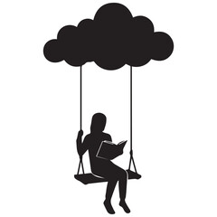 Woman relaxing on swing under cloud reading book peacefully
