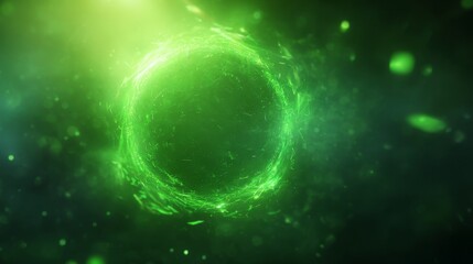 Abstract futuristic background with a glowing green energy sphere and swirling light particles, ideal for technology, science, AI, digital energy, and innovation concepts