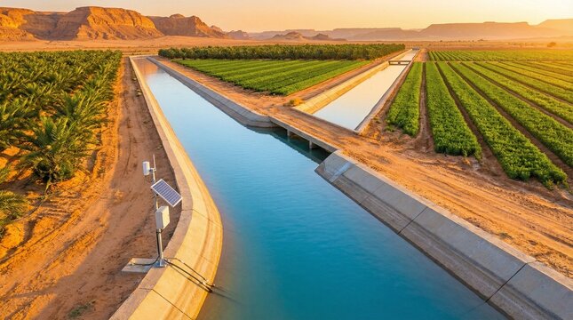 Irrigation canals flowing through agricultural fields in desert landscape  