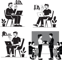 Fototapeta premium A man sitting with a laptop waving and wearing a headset