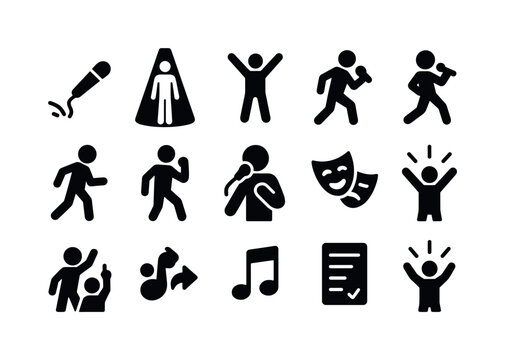 Live Performance Icon Set. Live performance dynamics. Solid icon set of Live performance dynamics: mic drop icon, vocal spotlight, front-row energy, dramatic