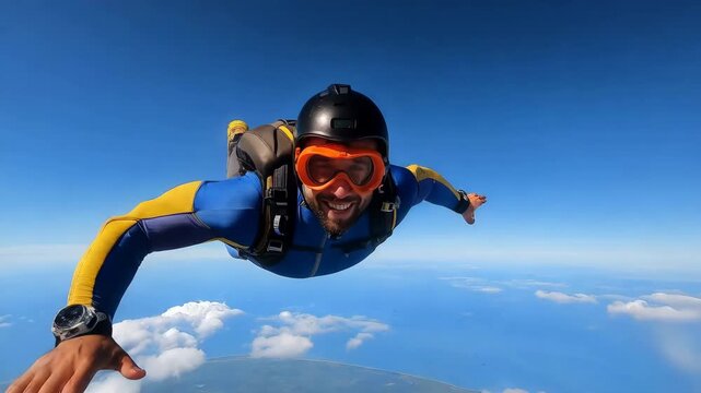 Professional skydiver in helmet and goggles flying freely in blue sky captured from dynamic angle, adrenaline action and clear weather conditions. Concept of extreme sport and freedom