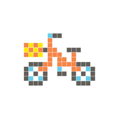 A flat pixel design made of geometric square color blocks on a clean icon layout. Pixel art bicycle
