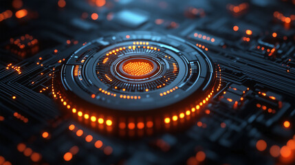 A digital art wallpaper featuring a glowing orange swirl of light over a blue computer chip and gas stove burner pattern with a fractal motion texture
