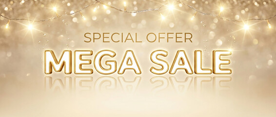 Golden Mega Sale text banner with glowing bokeh, perfect for huge discount announcements, shopping events, and market plans