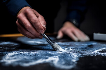 Obraz premium A police officer is carefully dusting a surface for fingerprints at a crime scene with a fine brush