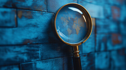 Magnifying glass icon focused on an old rusty metal plate for a world exploration search concept illustration