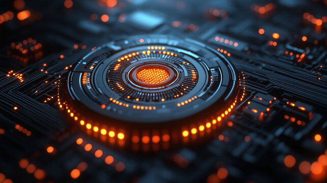 A digital art wallpaper featuring a glowing orange swirl of light over a blue computer chip and gas stove burner pattern with a fractal motion texture