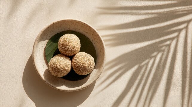 Traditional Indian sesame balls dessert made with sesame seeds and jaggery, known as til ladoo or tilgul, served in a ceramic bowl with natural light and soft shadows on a neutral background.