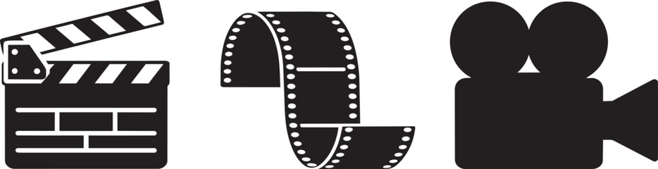 Film production equipment icons featuring clapper board strip of reel and vintage camera silhouette graphics © MC Creative