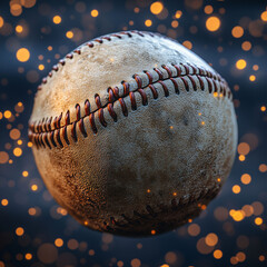 A closeup of a dirty vintage baseball with worn leather and white stitches sits isolated on a blue background as a piece of used sports equipment for a team game