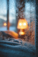 Intriguing close-up captures a frosted window with a warm, inviting interior in soft focus, creating a cozy and atmospheric mood. 