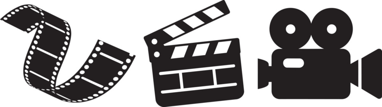 Film strip clapperboard and video camera black silhouette icons filmmaking production elements